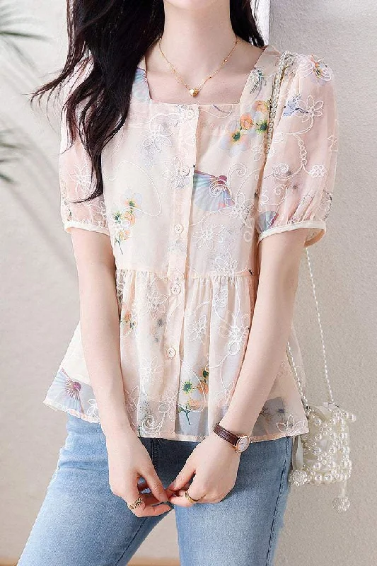 Chunky knit women's topsSquare Neck Flower Embroidered Peplum Blouse with Lining