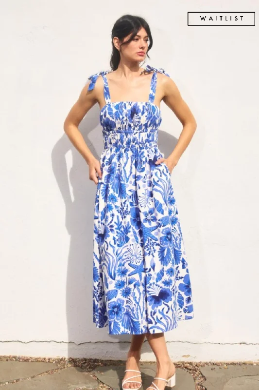 Sheath dresses for womenWaitlist 4/23 ♥ Sierra Sleeveless Shoulder Tie Seashell Print Midi Dress Blue