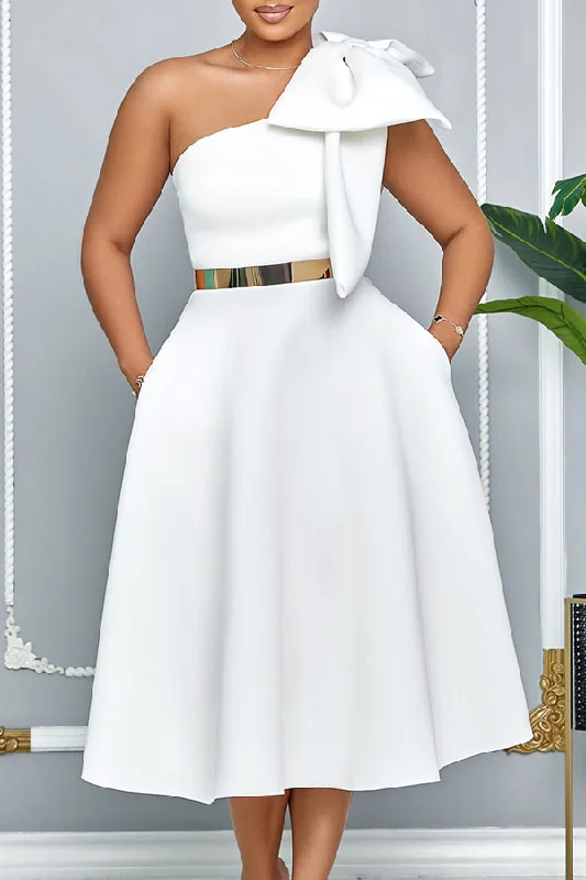 Sweetheart neckline dresses for womenSolid Color Elegant Bow Decor One Shoulder Midi Dress