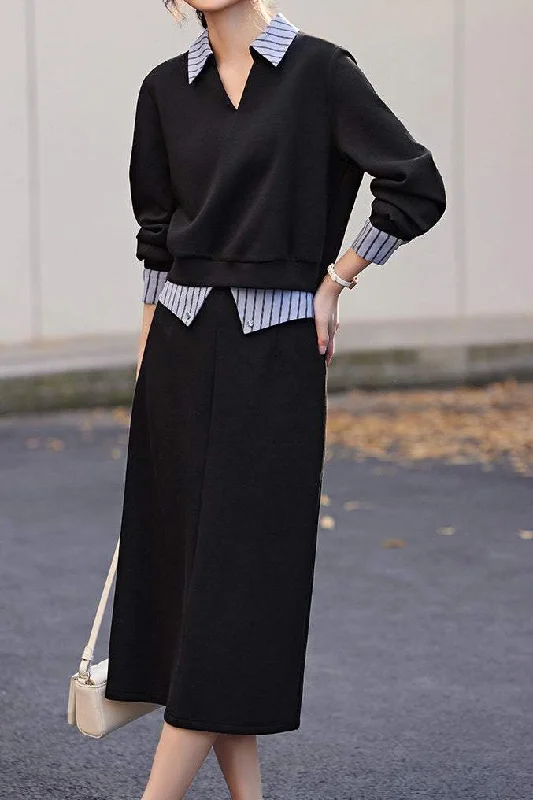 Autumn women's topsShirt Collar Color-Block Two-Piece Set
