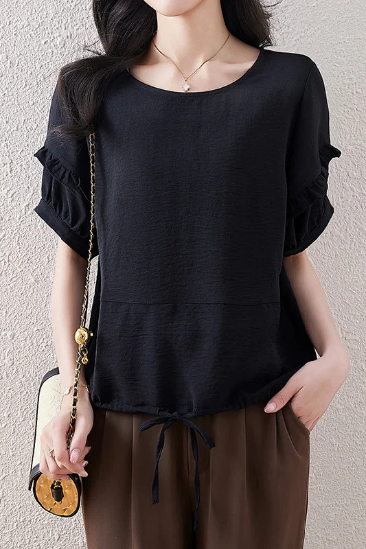 Elegant women's topsBack Button Ruffle Decor Drawstring Blouse - 3 Colors Available