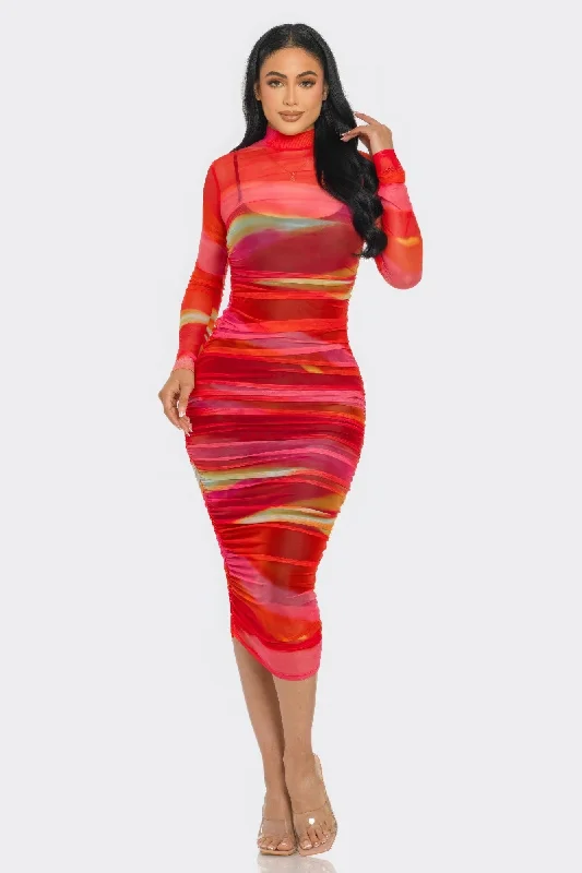 Lantern sleeve dresses for womenGlitch Print Mesh Ruched Midi Dress