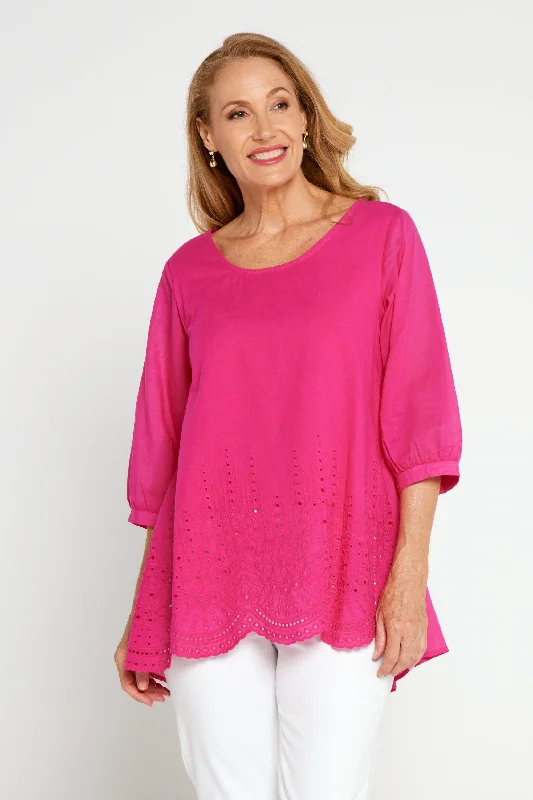 High-street women's topsSophia Cotton Top - Hot Pink Broderie Anglaise