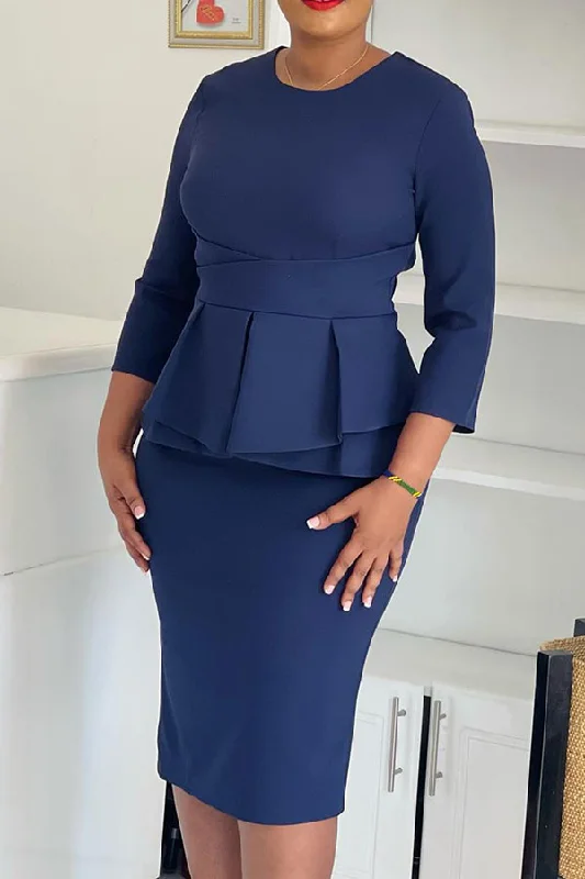 Solid color dresses for womenSolid Color Round Neck On-trend Pleated Peplum Midi Dress