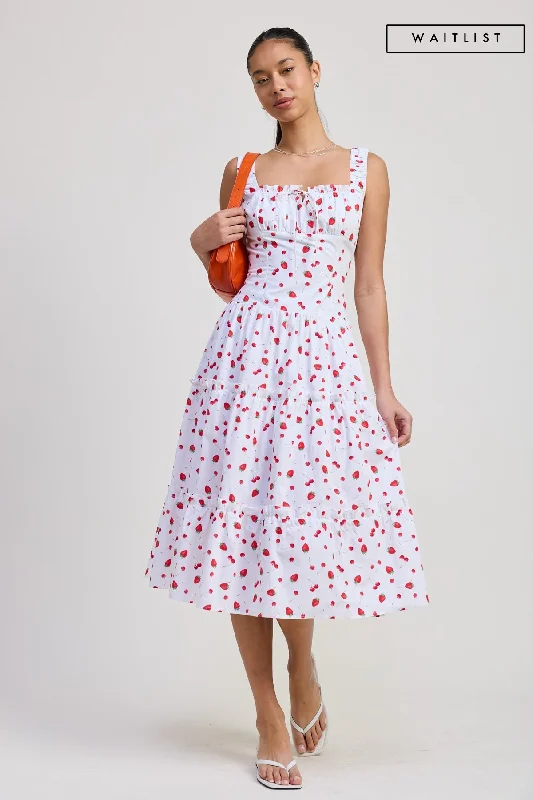 Flutter sleeve dresses for womenWaitlist 4/5 ♥ Reba Sleeveless Printed Poplin Midi Dress Red