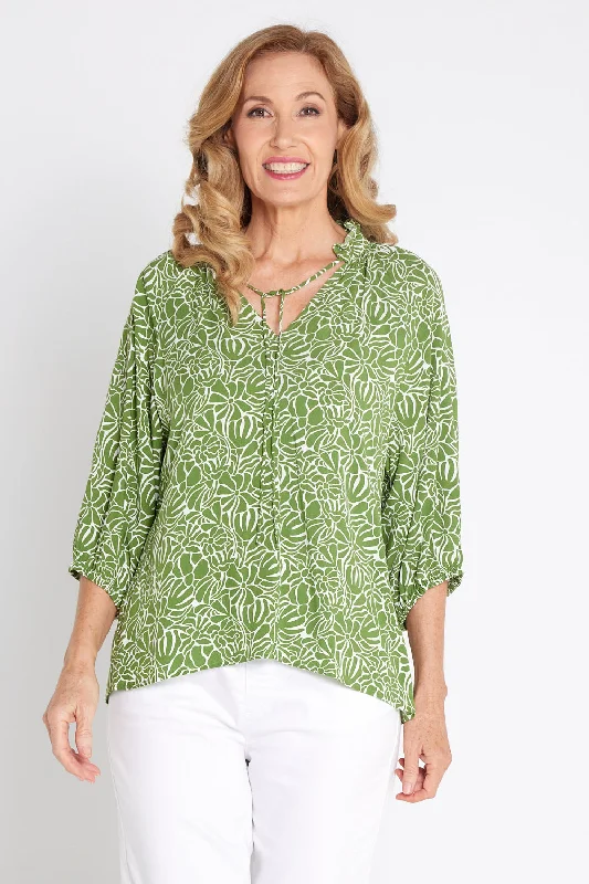 Lightweight women's topsLeaves of Love Print Top - Avocado
