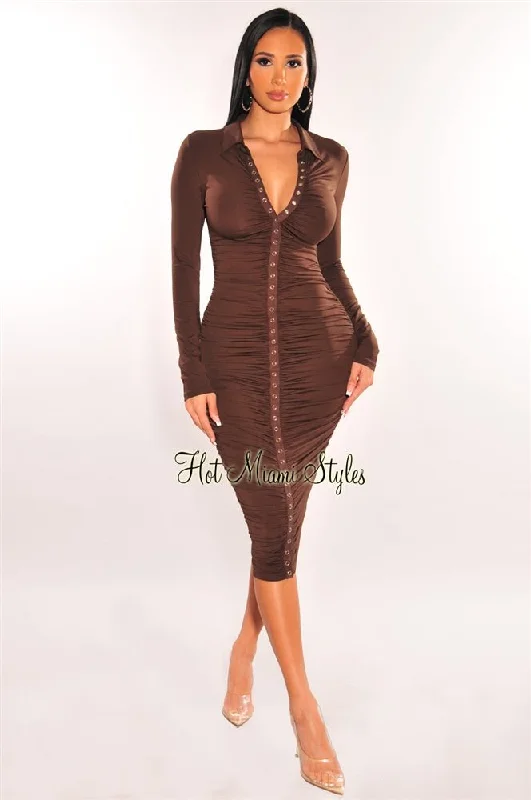 Limited edition dresses for collectorsChocolate Collared Long Sleeve Snap Button Up Ruched Midi Dress