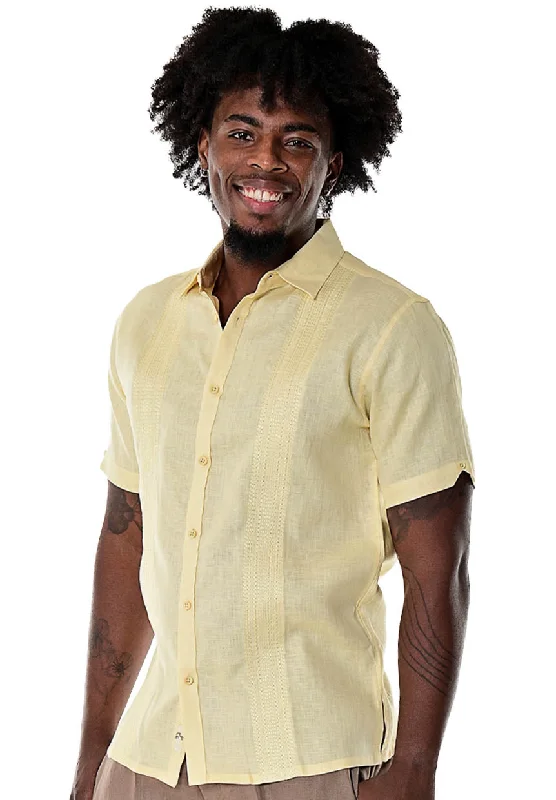 Zip-up women's topsBohio Men's 100% Linen Guayabera Style Shirt Short Sleeves w/Embroidered Panels-MLS109