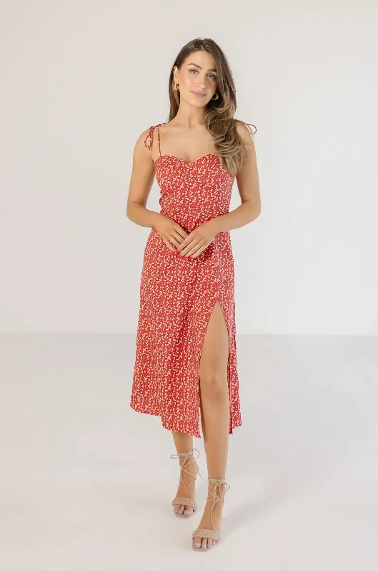 Day dresses for everyday wearFarrah Sleeveless Shoulder Tie Floral Print Midi Dress Red