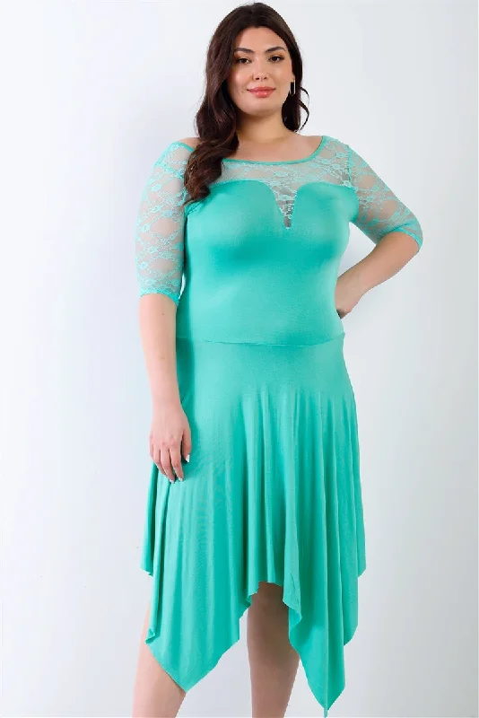 Off-the-shoulder dresses for womenPlus Mint Lace Details Handkerchief Hem Midi Dress