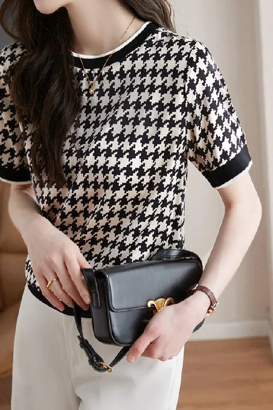 Summer women's topsRound Neck Houndstooth Print Short Sleeve T-Shirt