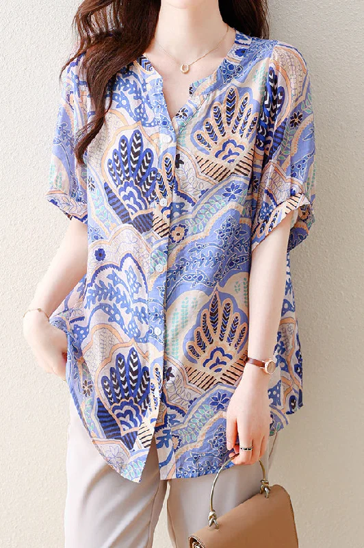 Tunic-style women's topsSkipper Collar Printed Short Sleeve Tunic