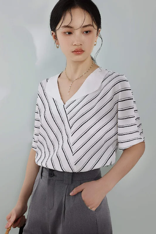 Polka dot women's topsTriangle Collar Diagonal Stripe Blouse