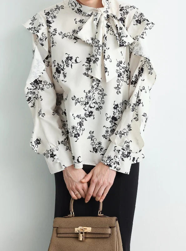 Shawl collar women's topsBow tie collar floral raffle blouse
