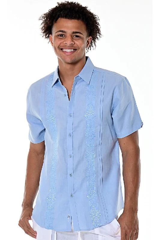 Leather-look women's topsBohio Men's Guayabera Style Short Sleeve 100% Linen Shirt w/Fancy Embroidered Panels-MLS700