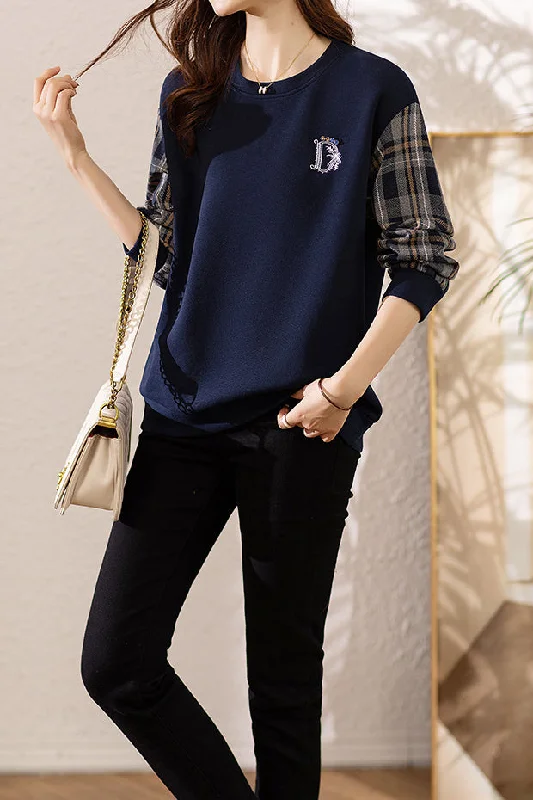 Layering women's topsMixed Material Logo Embroidery Bead Decor Check Sleeve Sweatshirt
