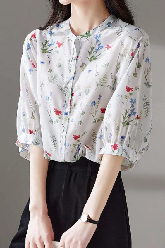 Maternity women's topsバンドカラー花柄フェミニンブラウス
