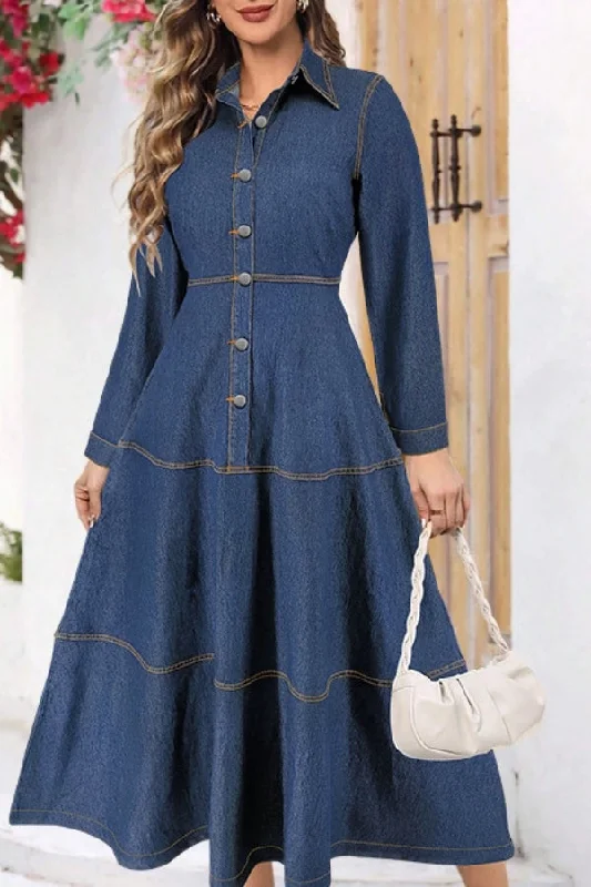 Little white dresses (LWDs) for womenContrast-Stitch Denim Urban Single Breasted Midi Dress