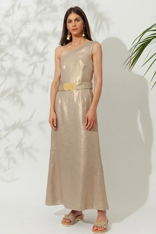 Low-cut dresses for womenHelios One Shoulder Midi Dress With Golden Buckles Gold