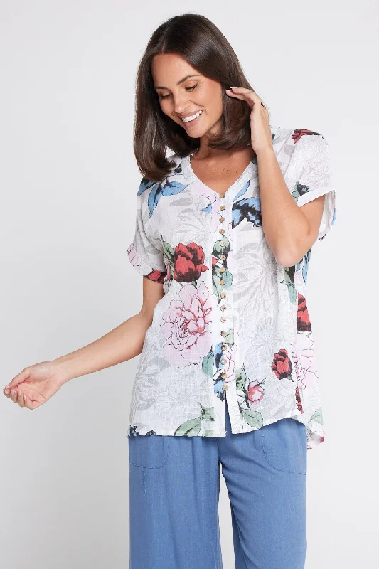 Burgundy women's topsGemma Linen & Cotton Top - White Floral