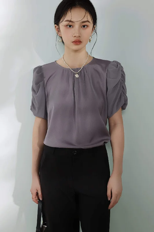 White women's topsMixed Material Round Neck Gathered Sleeve Blouse - 2 Colors Available