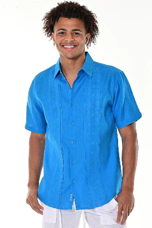 Shawl collar women's topsBohio 100% Linen Mens Fancy Style Short Sleeve Shirt w/Anchor Embroidered Panels in (2) Colors-MLS1270
