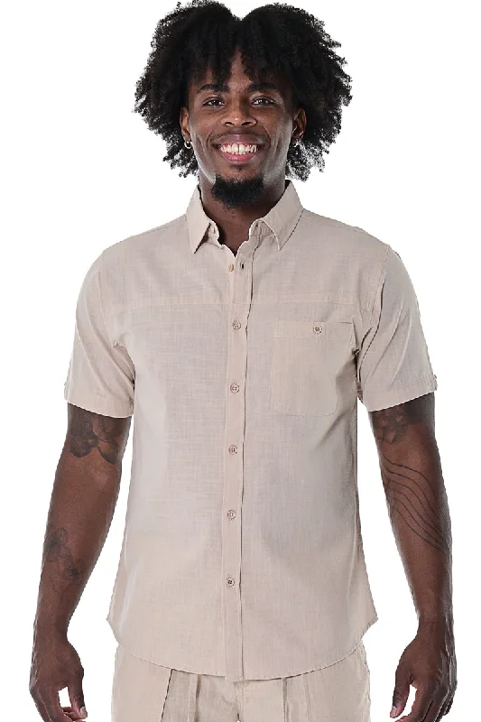 Handmade women's topsBohio Men's 100% Cotton Casual Summer Beach Button Down Short Sleeve Shirt in Natural -MCS1645