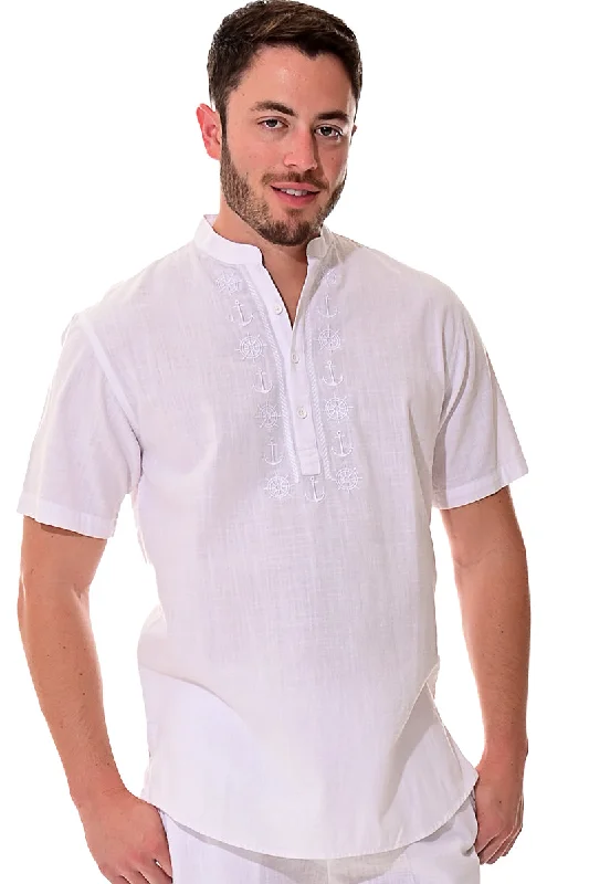 Vintage women's topsBohio Mens White Cotton Casual Embroidered Banded Collar Short Sleeve Shirt in Natural- MCS1077