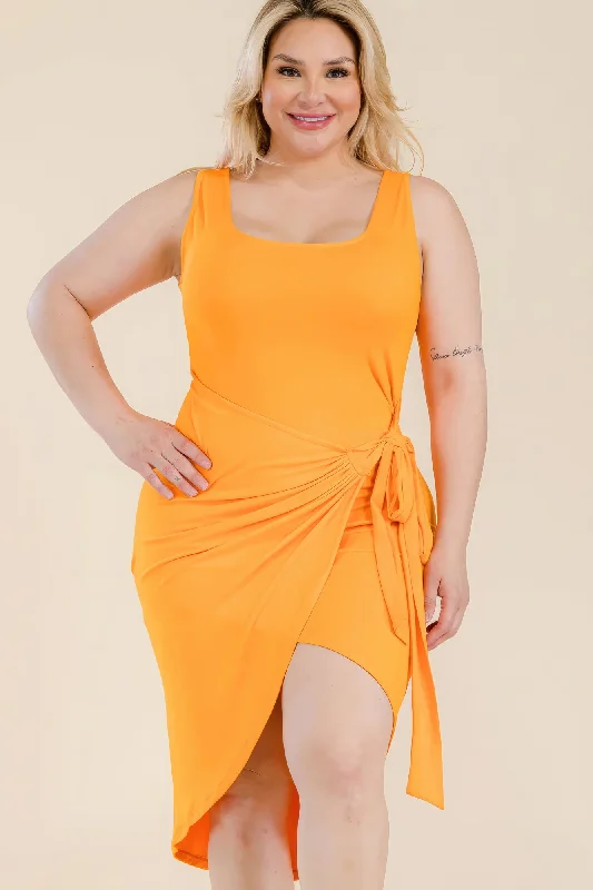 Round-neck dresses for womenPlus Size Solid Wrap Front Tie Side Midi Dress