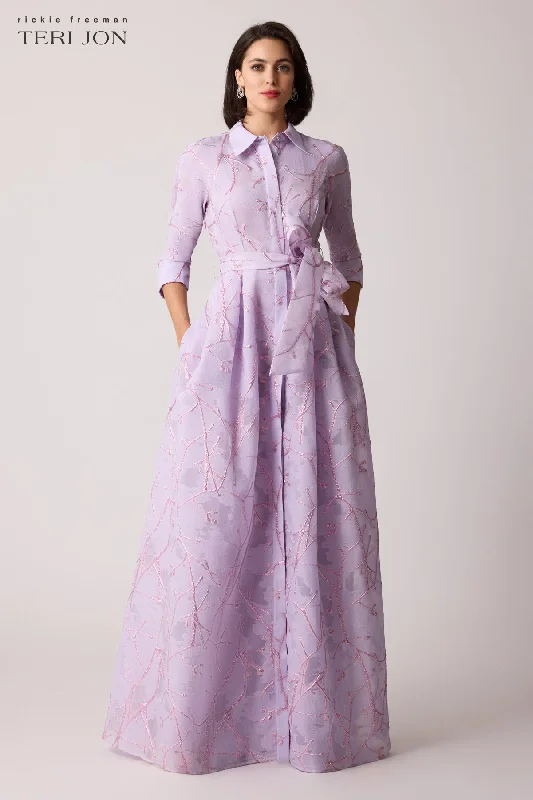 Summer women's topsMetallic Organza Shirtwaist Gown with Branch Motif