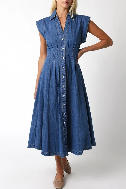 Vintage-inspired dresses for retro fashion loversTorrance Short Sleeve Button Down Denim Midi Dress Dark Wash