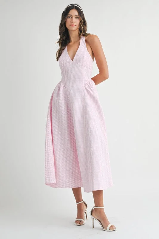 Velvet dresses for winterGigi Sleeveless Halter Gingham Print Midi Dress Pink