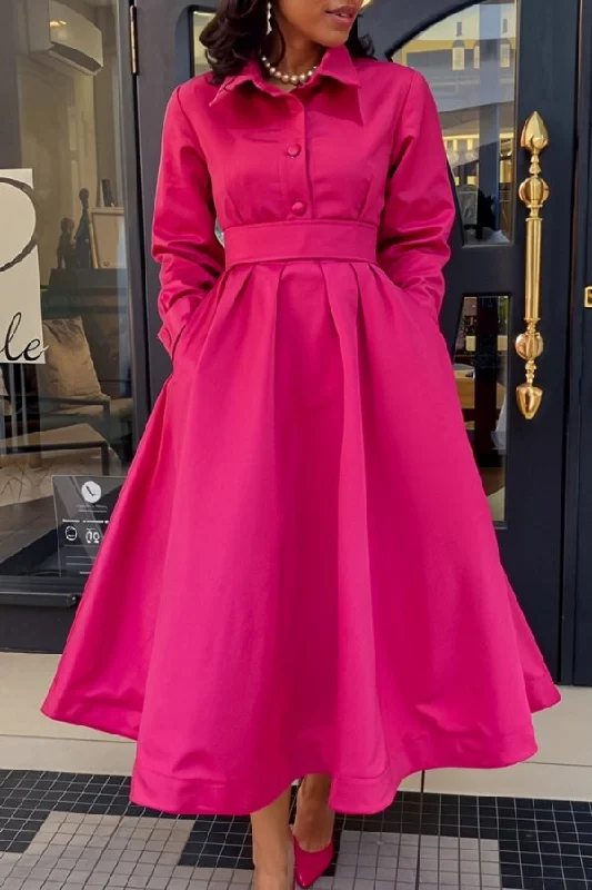 Cap sleeve dresses for womenSolid Color Shirt Collar Urban Belted A-Line Midi Dress