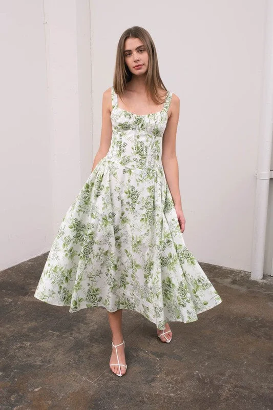 Midi dresses for womenMaggie Sleeveless Corset Floral Print Midi Dress Green