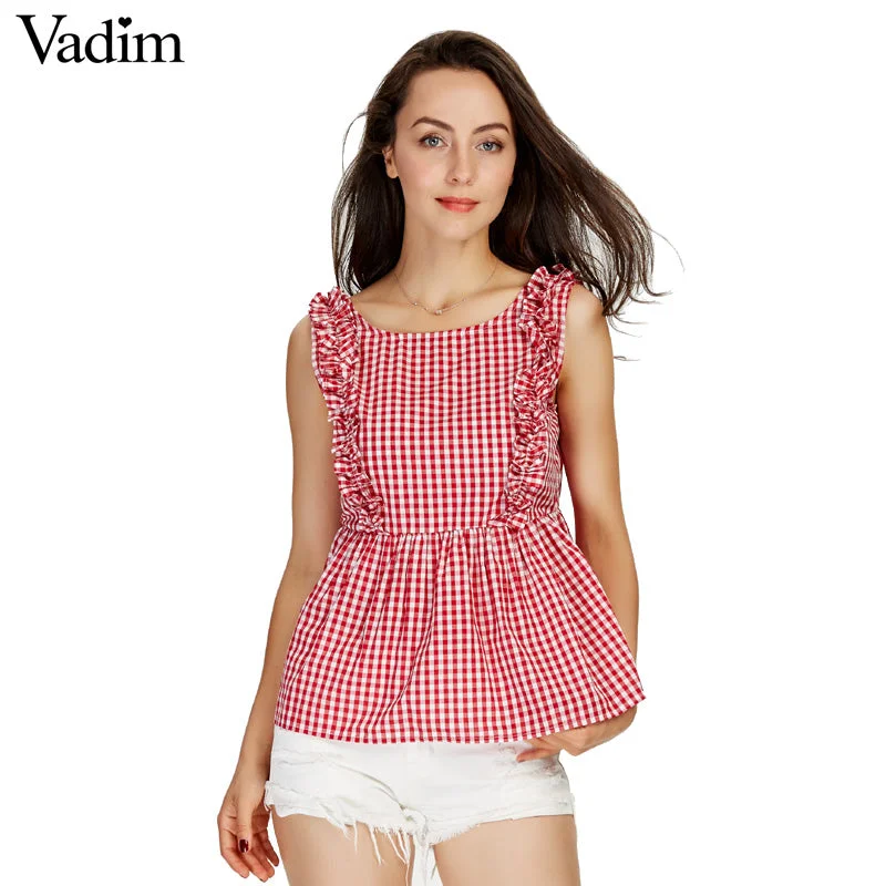 Teal women's topsVadim women sweet ruffles plaid pleated shirts