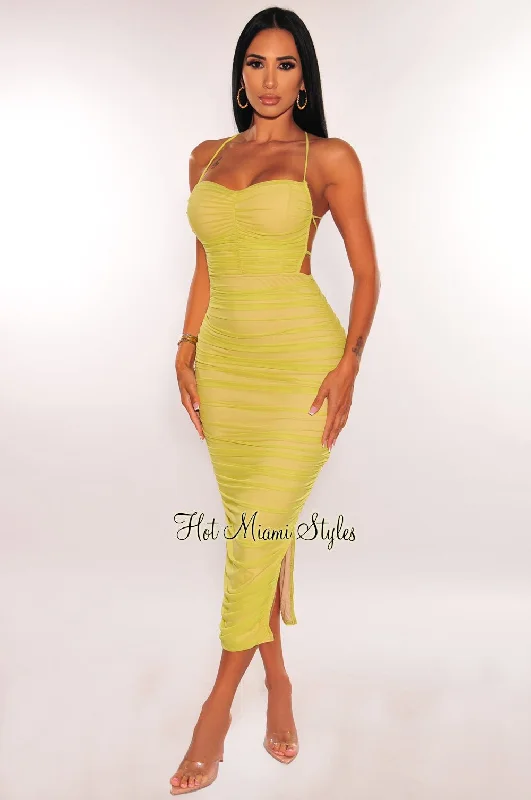 Corduroy dresses for womenCitrus Nude Mesh Lace Up Back Ruched Slit Midi Dress