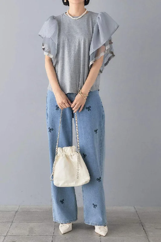 Leather-look women's topsMixed Material Round Neck Ruffle Tulle Sleeve T-Shirt - 3 Colors Available