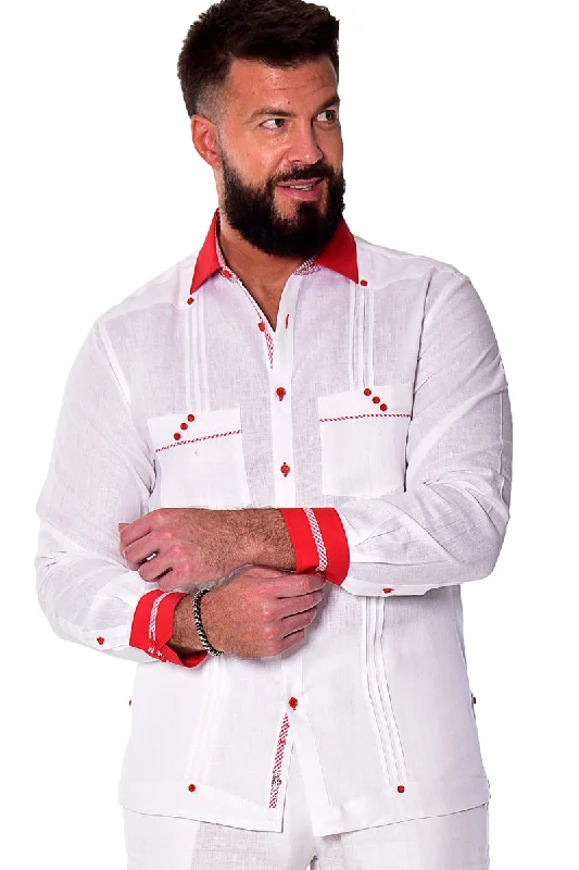 Affordable women's topsBOHIO Mens 100% Linen Fancy Guayabera Inspired Shirt w/Two Pockets Pin-Tucked Gingham Trim in (2) Colors MLFG2027
