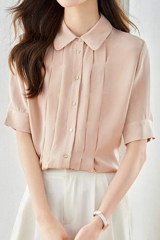 Designer women's topsPeter Pan Collar Front Tuck Satin Blouse - 2 Colors Available