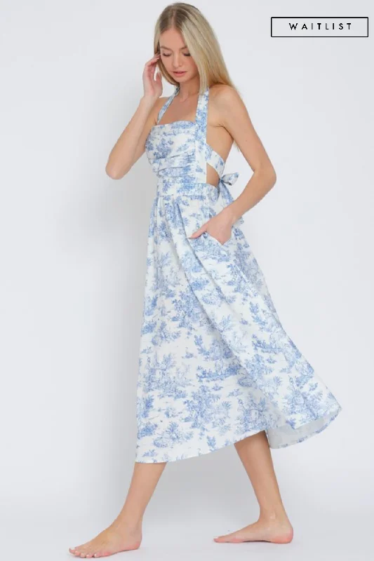 Statement dresses for making a fashion statementWaitlist 3/20 ♥ Sloan Sleeveless Halter Back Tie Abstract Print Midi Dress Blue
