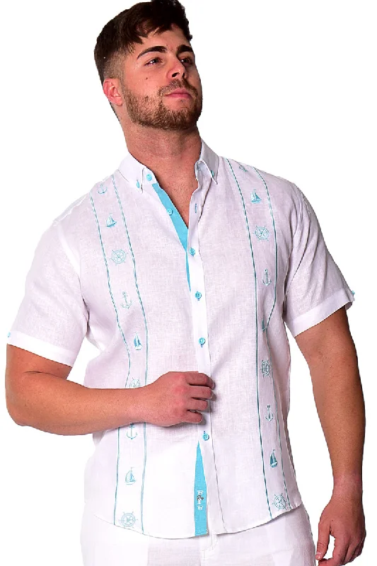 Peter Pan collar women's topsBohio Men's 100% Linen w/Nautical Embroidered Fancy Panels Short Sleeve Shirt in (2) Colors-MLS1687