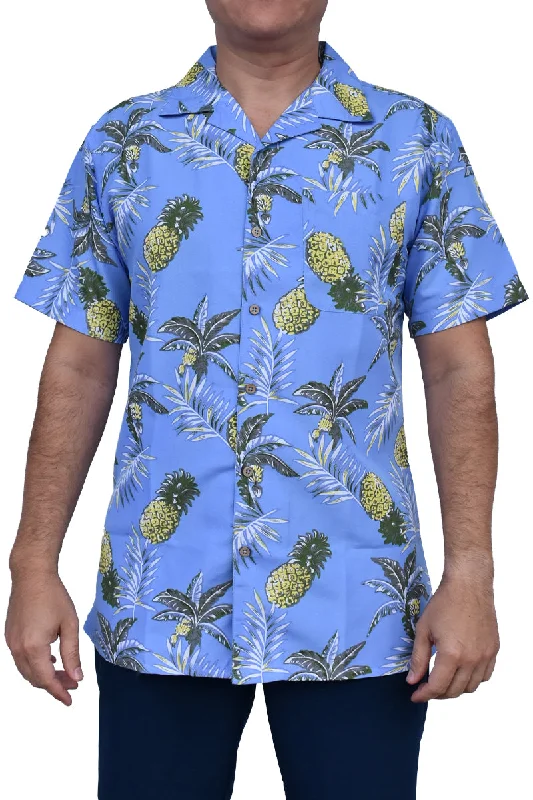 Tunic-style women's topsBohio Men's Short Sleeve Button Down Shirt in Pineapple Print -Blue -MCS1619