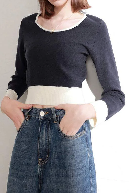 Pastel women's topsバイカラーリブヘムストレートニット　2色入