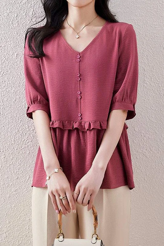 Machine-washable women's topsV-Neck Ruffle Decor Puff Peplum Blouse - 3 Colors Available