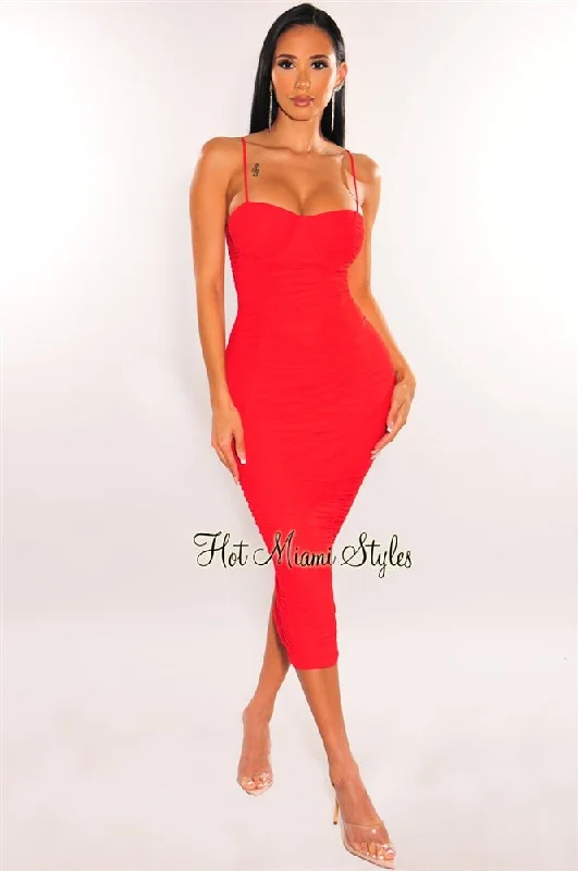 Autumn dresses for fall fashionRed Mesh Padded Underwire Spaghetti Straps Ruched Midi Dress