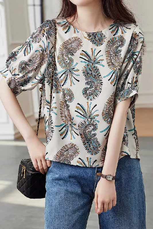 Oversized women's topsRound Neck Paisley Print Short Sleeve Blouse