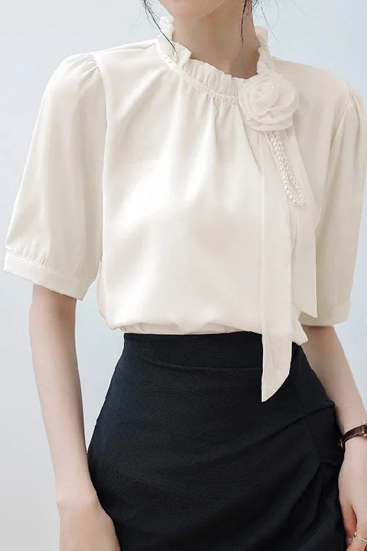 Abstract print women's topsRuffle Collar 3D Rose Brooch Decor Satin Blouse