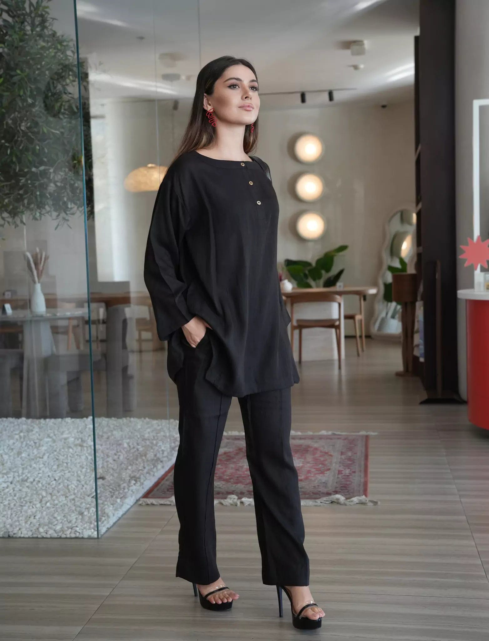 Autumn women's topsNightfall Black Band Collar Shirt