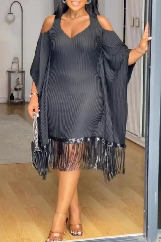 Satin dresses for womenBlack Cold Shoulder Batwing Sleeve Stylish Tassel Hem Midi Dress