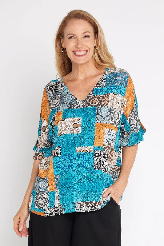 Lace women's topsFarren Top - Aqua/Amber Collage
